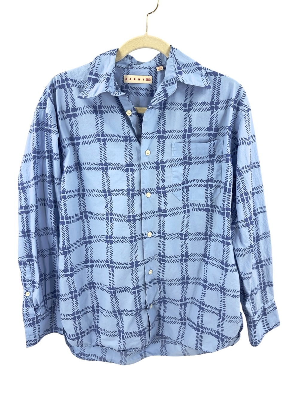 Marni X Uniqlo Oversized Button Down Shirt Mens XS Blue Plaid Long Sleeve Cotton